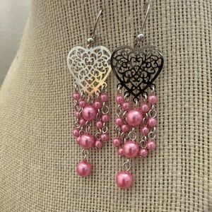 Heart Chandelier Earrings with Pink Beads